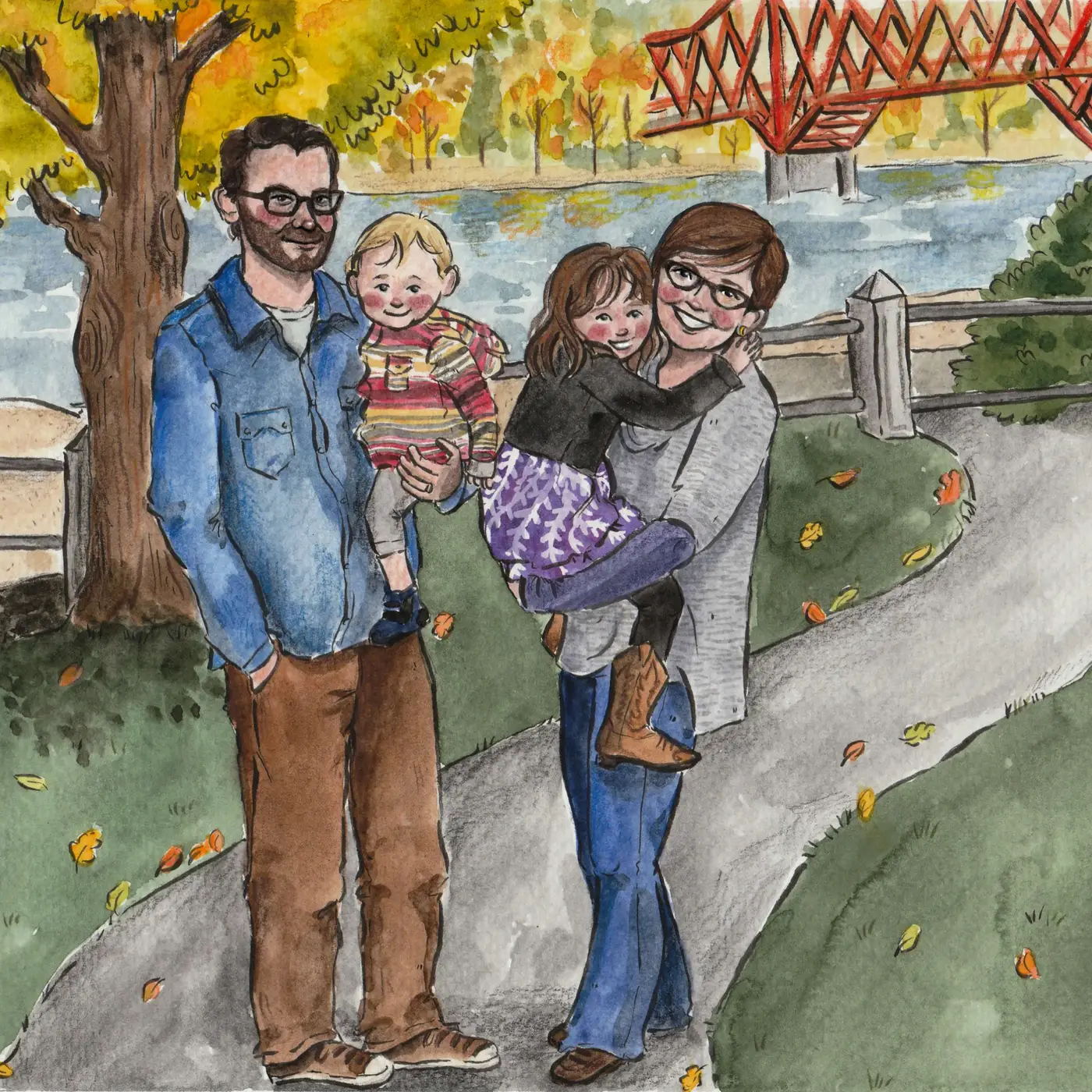 Illustrated portrait of Jess Phillips with her family beside Nelson’s orange bridge in autumn
