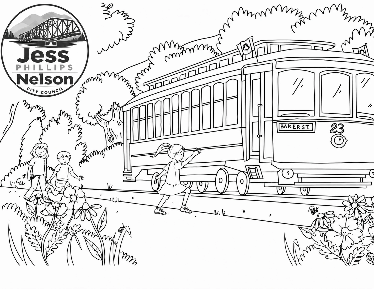 Line drawing to colour in: two children wave as Nelson's Streetcar 23, with a Baker St. sign on its front, rolls past trees and wildflowers, with the Jess Phillips for Nelson City Council badge in the corner