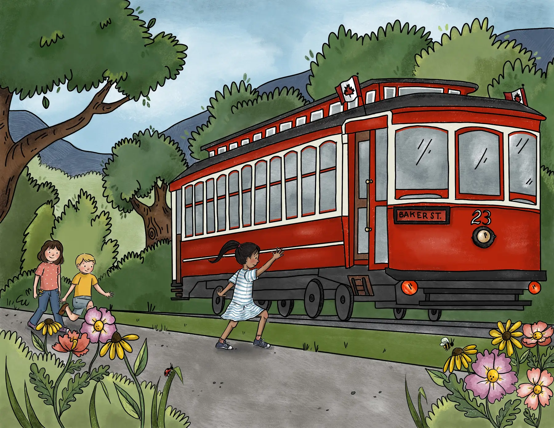 Colour illustration: two children wave as Nelson’s Streetcar 23, with a Baker St. sign on its front, rolls past trees and wildflowers